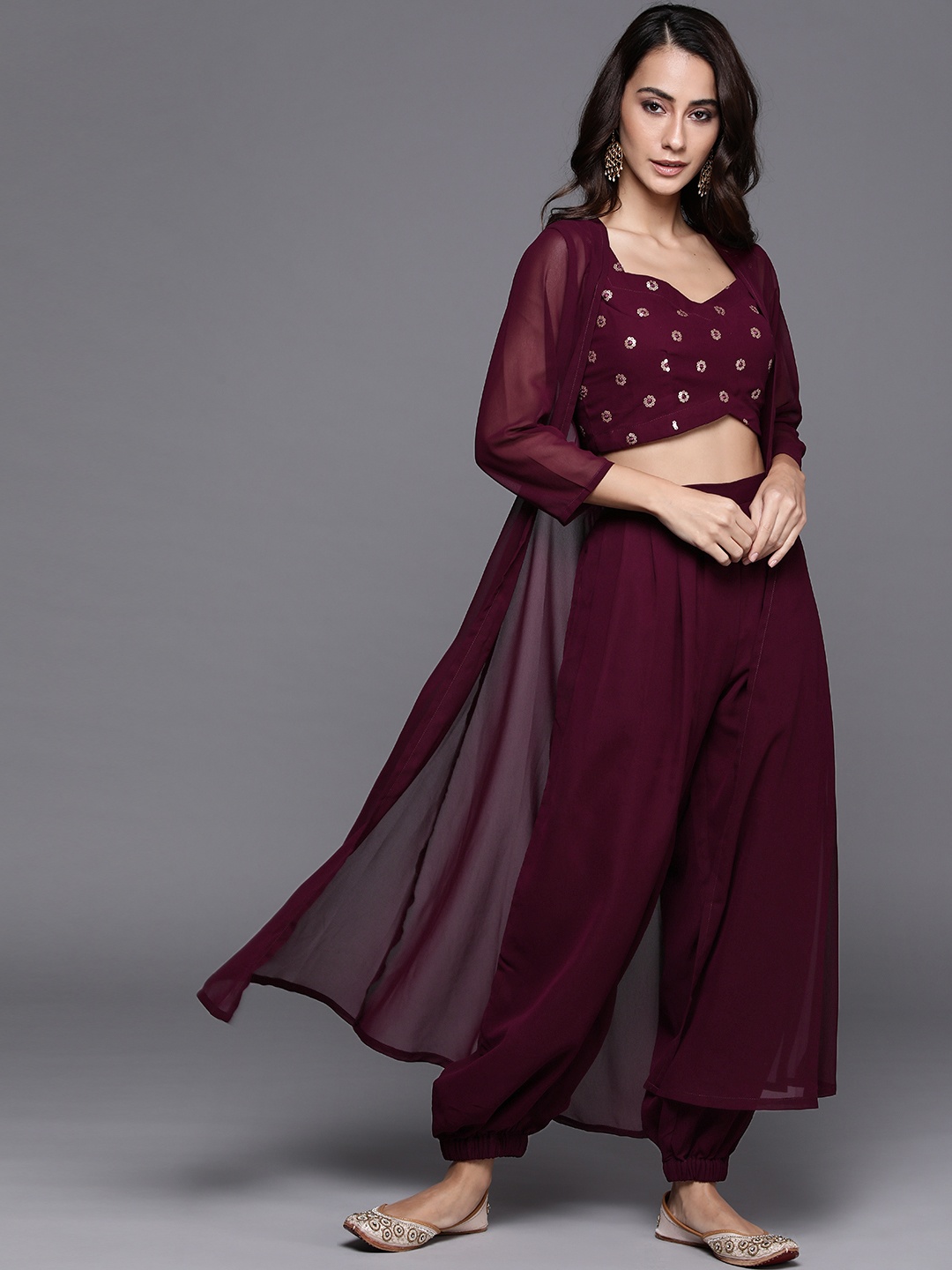 

Libas Women Embroidered Regular Sequinned Top with Salwar And Shrug, Burgundy