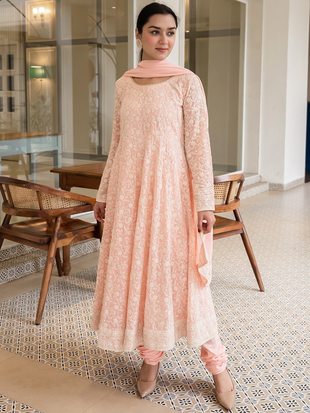 

Libas Women Pink Floral Embroidered Panelled Chikankari Kurta with Churidar & With Dupatta