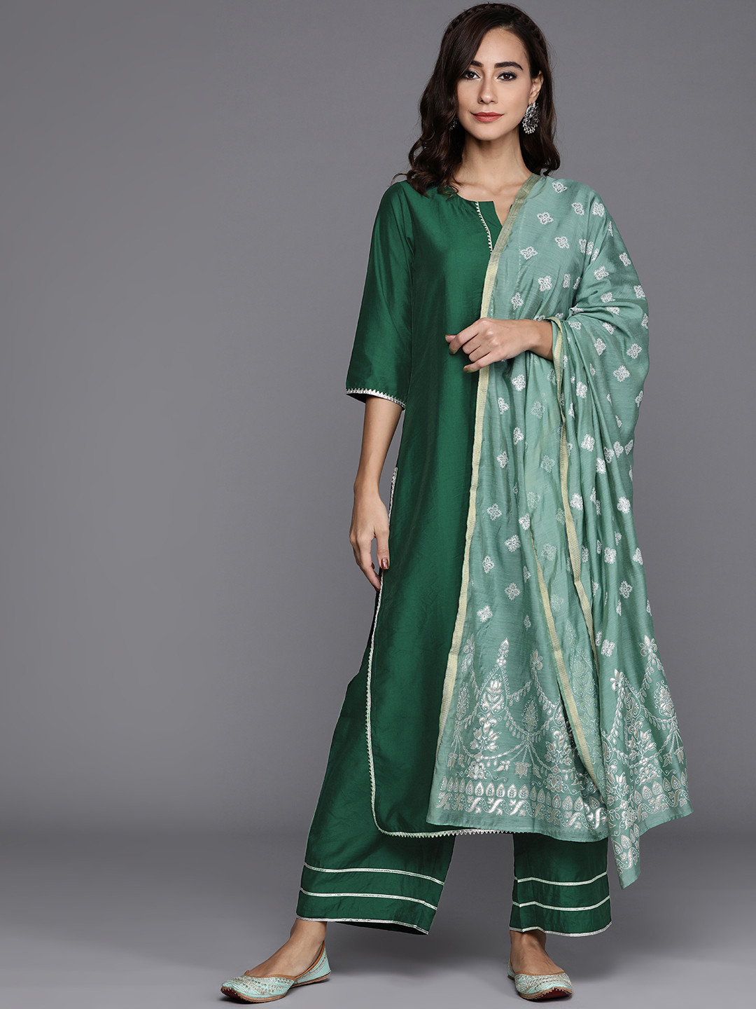 

Libas Women Green Chanderi Silk Gotta Patti Kurta with Palazzos & Dupatta