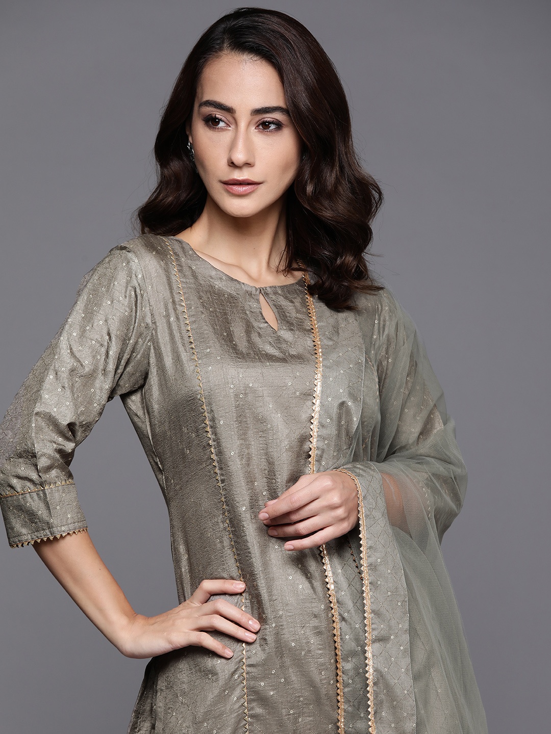 

Libas Women Grey Regular Kurta with Palazzos & With Dupatta