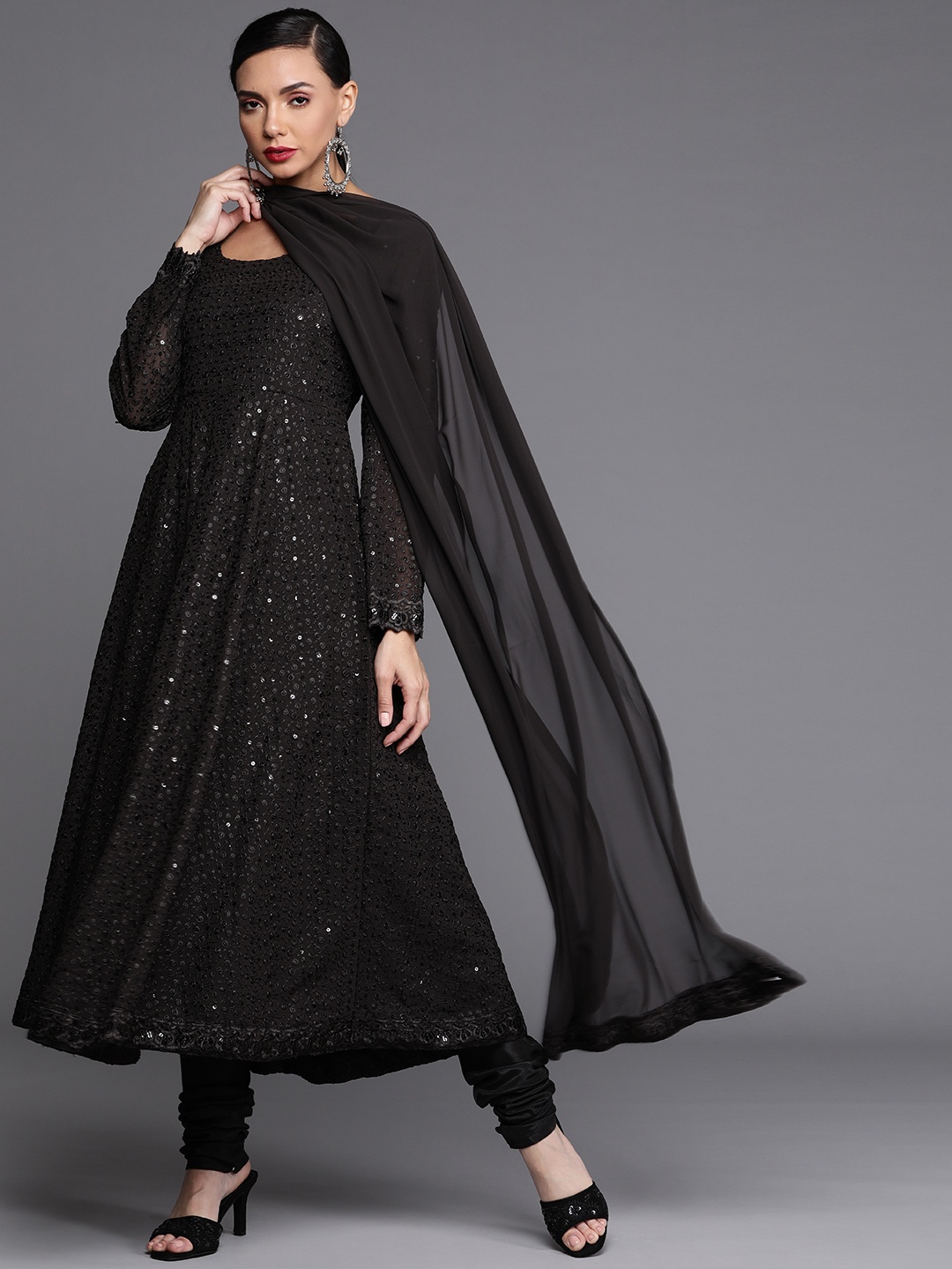 

Libas Women Black Floral Embroidered Mirror Work Kurta with Churidar & Dupatta