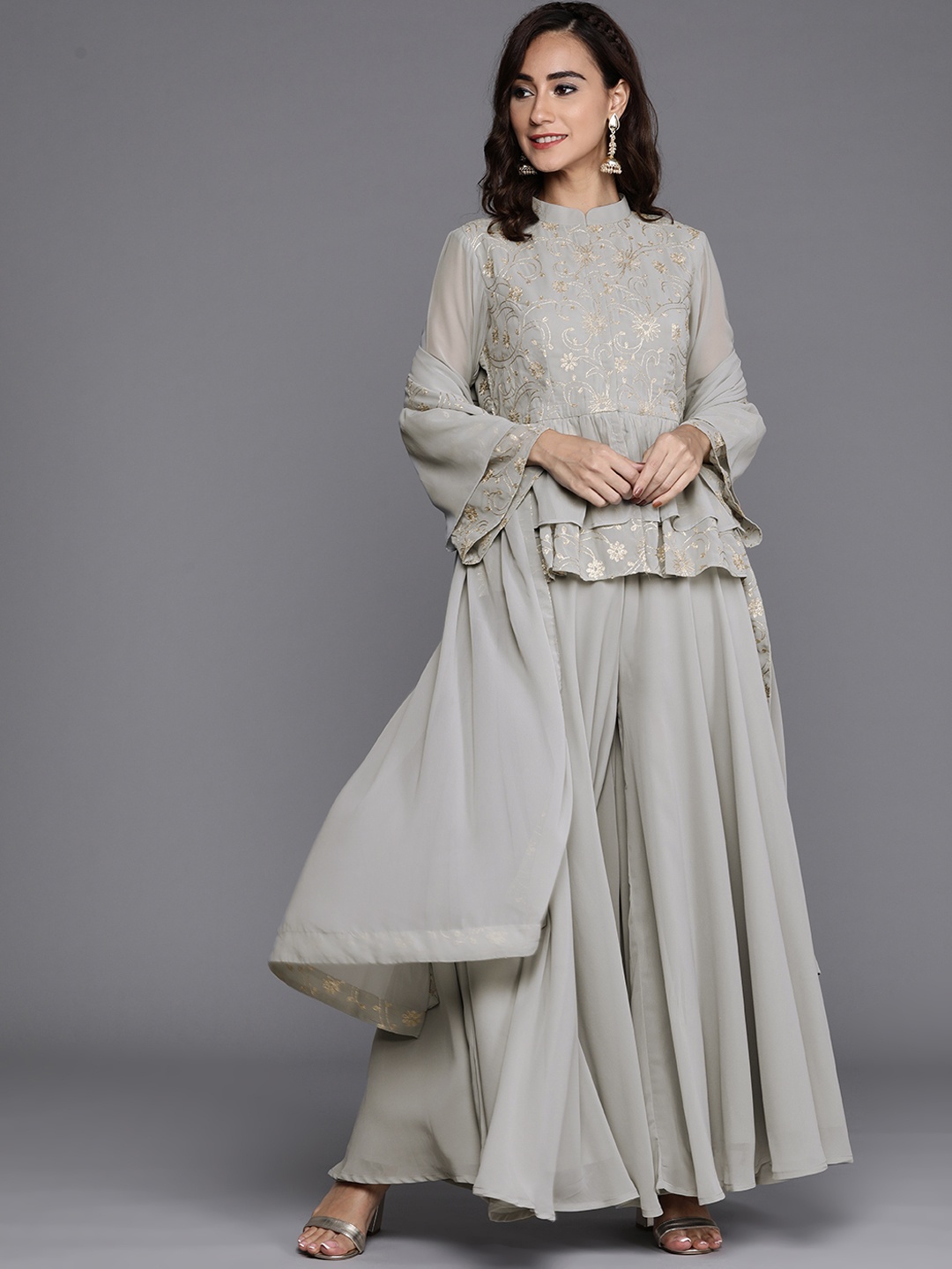 

Libas Women Grey Floral Embroidered Layered Top with Palazzos & Dupatta