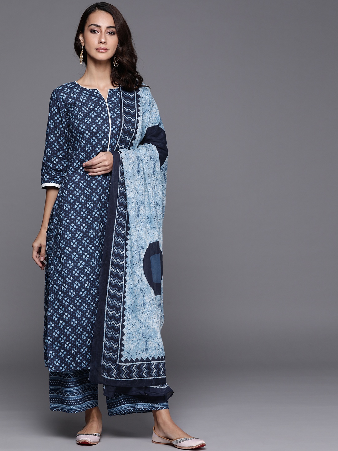 

Libas Women Blue Ethnic Motifs Printed Regular Pure Cotton Kurta with Palazzos & Dupatta