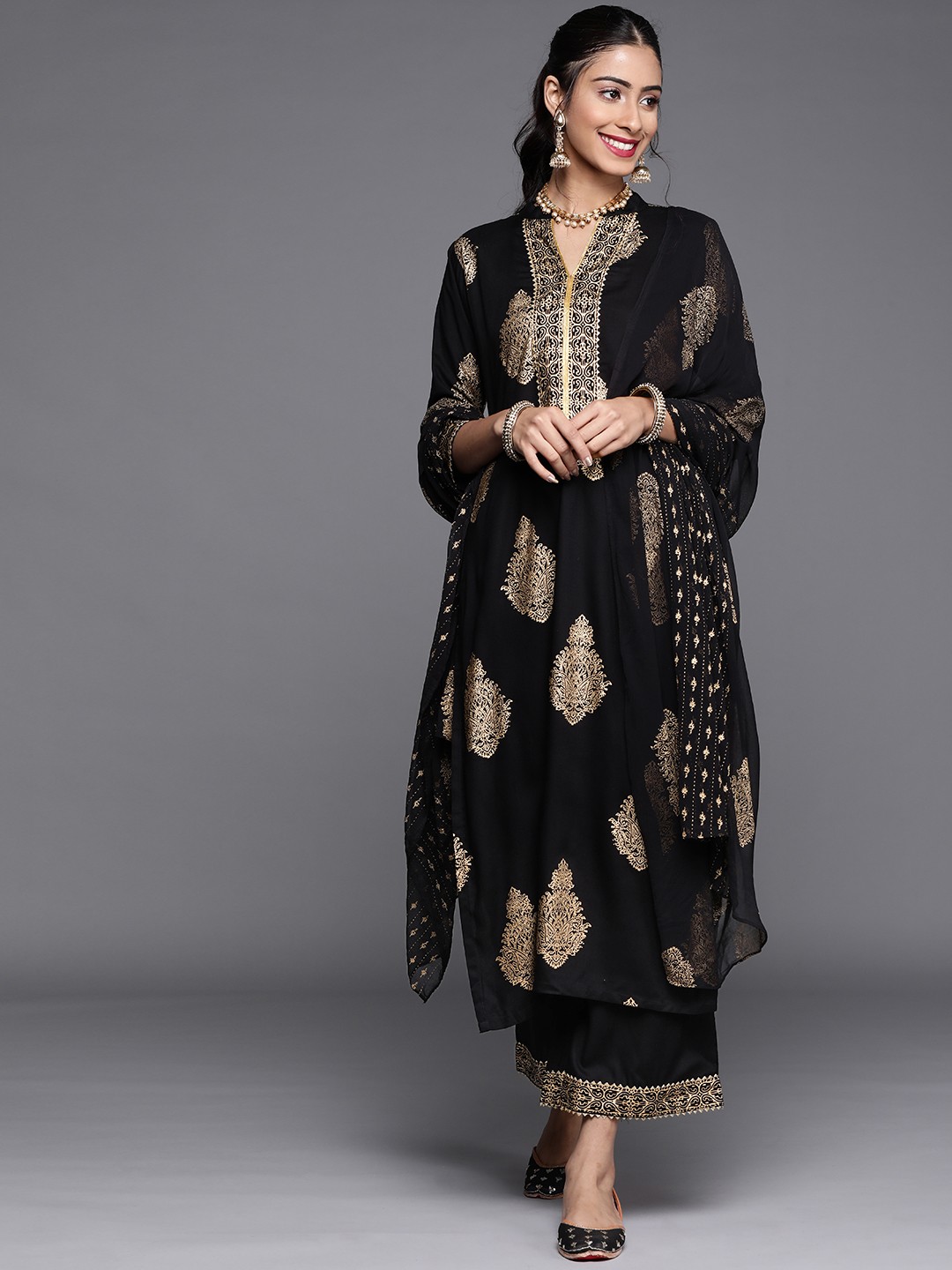 

Libas Women Black Ethnic Motifs Printed Regular Kurta with Palazzos & With Dupatta