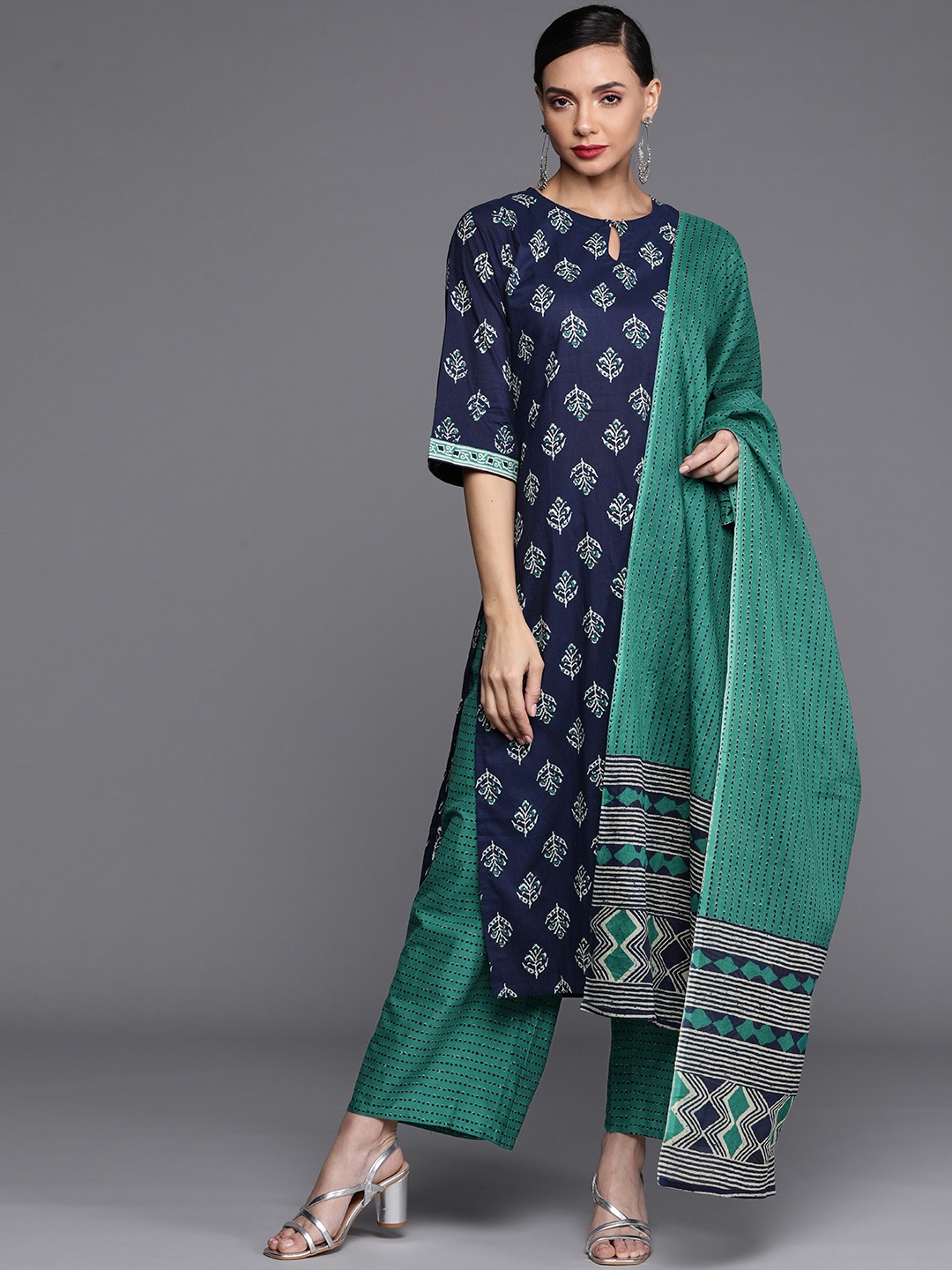 

Libas Women Navy Blue Pure Cotton Ethnic Motifs Printed Kurta with Palazzos & Dupatta