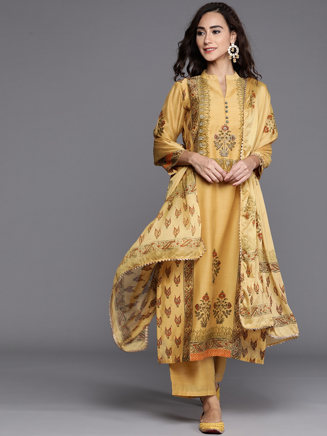 

Libas Women Mustard Yellow Chanderi Silk Ethnic Motifs Print Kurta with Palazzos & Dupatta
