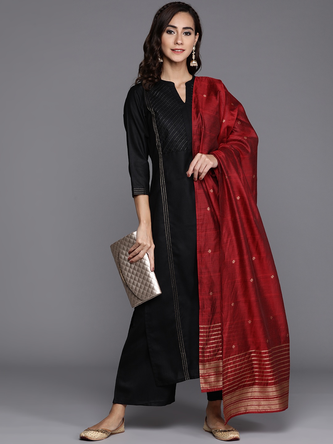 

Libas Women Black Pure Cotton Yoke Design Panelled Kurta with Palazzos & Dupatta