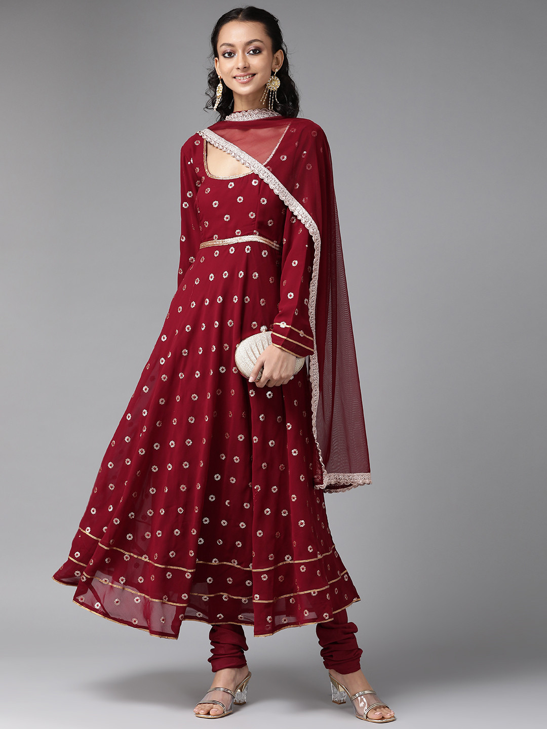 

Libas Women Maroon Floral Embroidered Regular Kurta with Churidar & With Dupatta