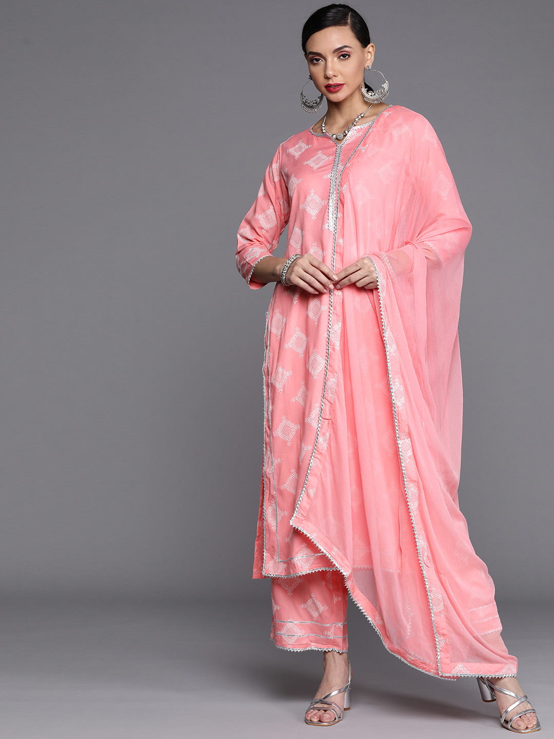 

Libas Women Pink Floral Printed Gotta Patti Kurta with Palazzos & Dupatta