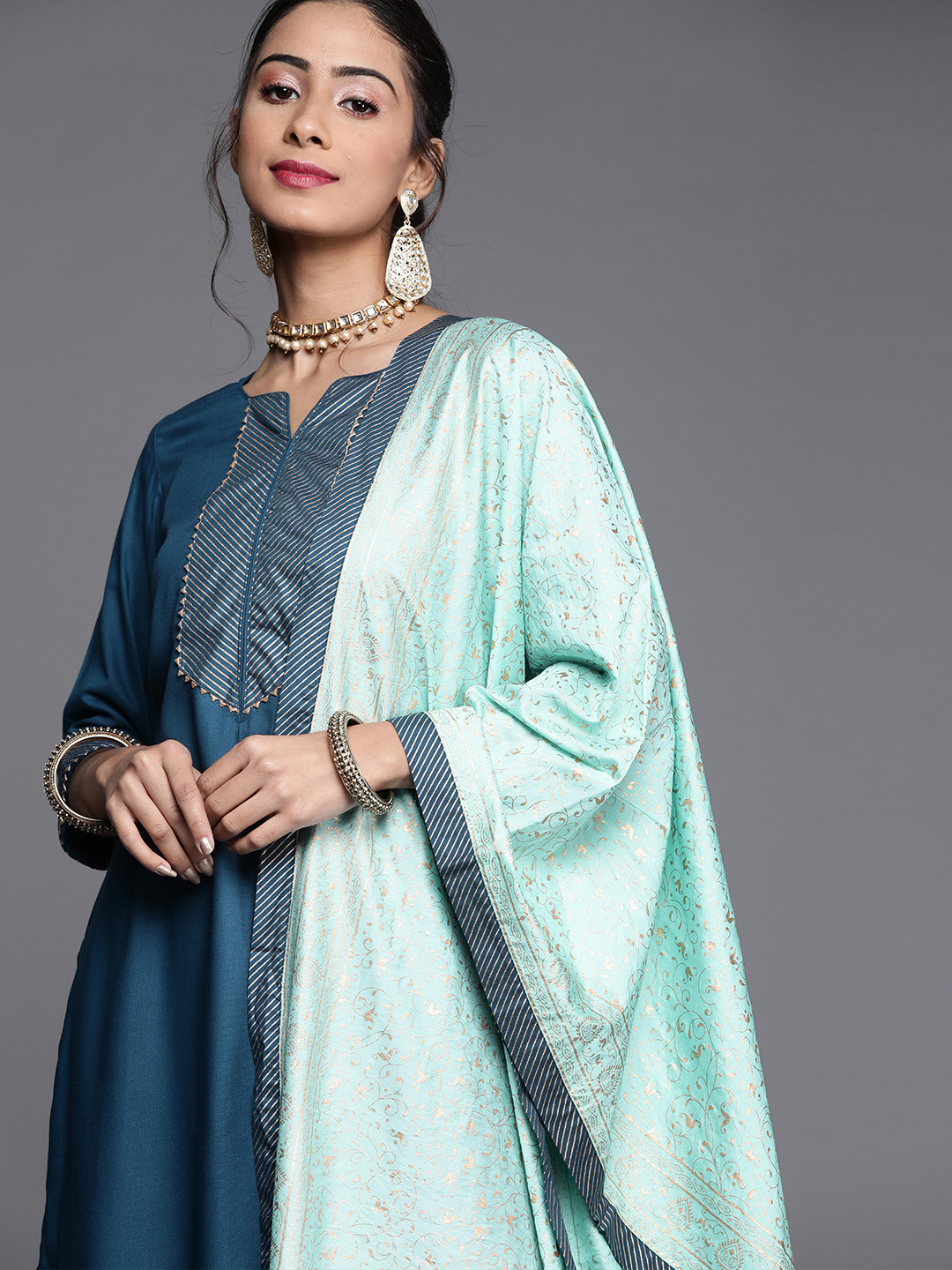 

Libas Women Teal Yoke Design Regular Gotta Patti Kurta with Palazzos & Dupatta