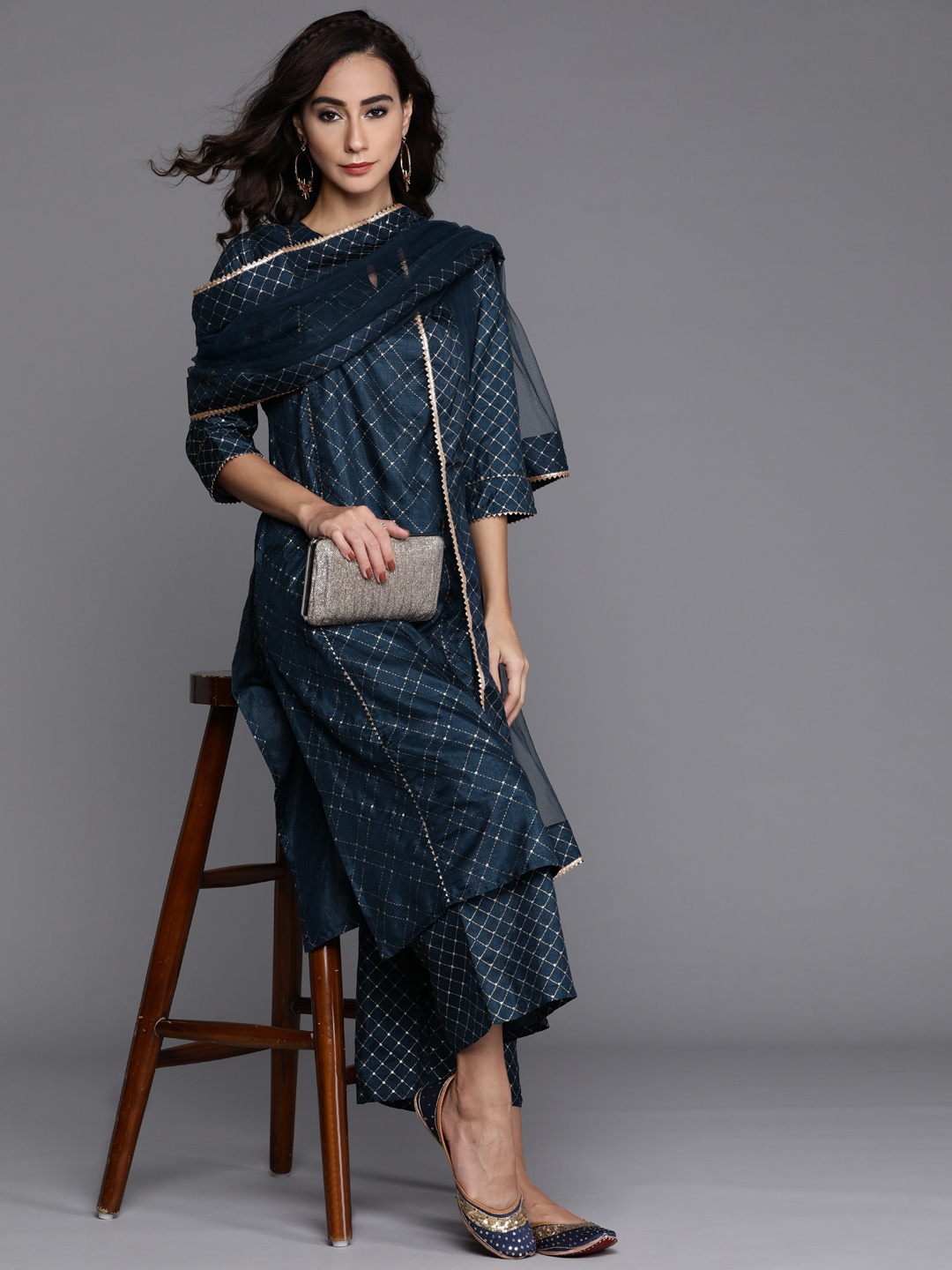 

Libas Women Blue & Golden Printed Panelled Gotta Patti Kurta with Palazzos & Dupatta