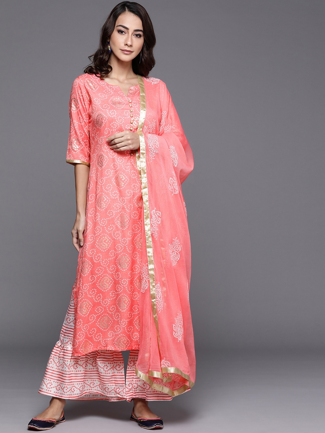 

Libas Women Pink Bandhani Printed Regular Kurta with Palazzos & With Dupatta