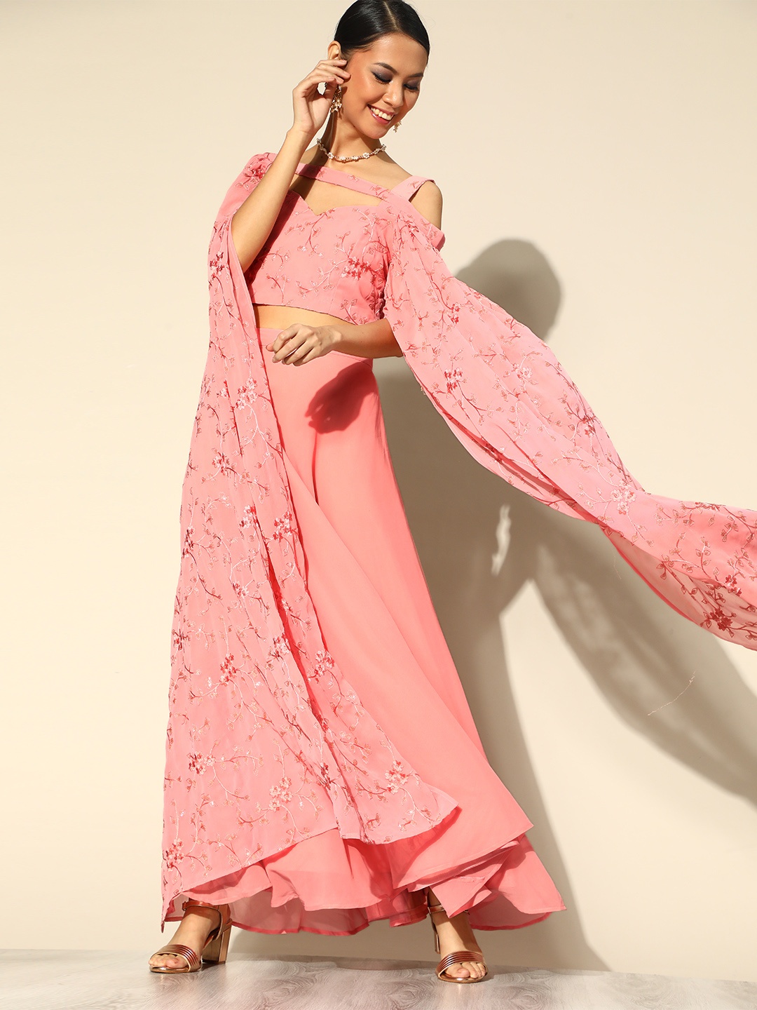 

Libas Pink Embroidered Sequinned Ready to Wear Asymetric Sleeve Top With Lehnga