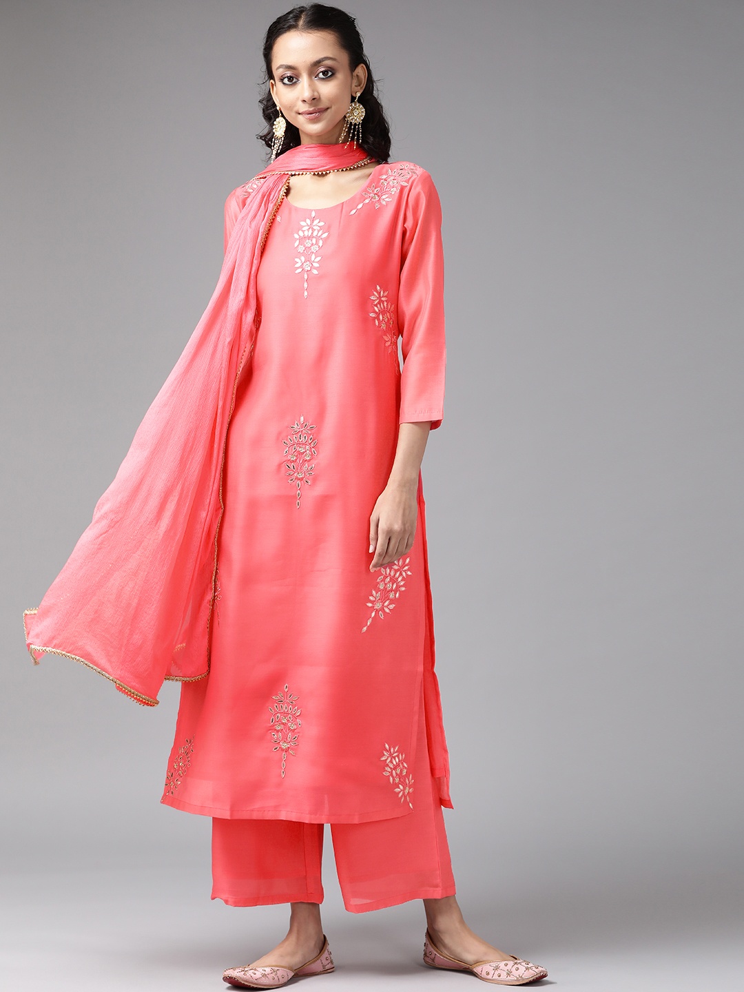 

Libas Women Pink Floral Regular Chanderi Silk Kurta with Palazzos & With Dupatta