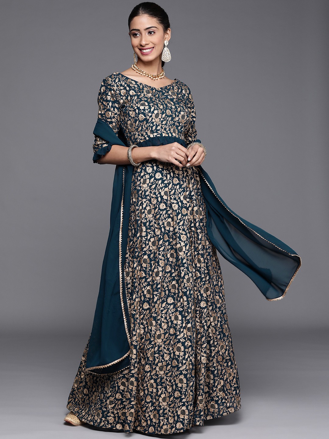

Libas Teal Embroidered Beads and Stones Ready to Wear Lehenga & Blouse With Dupatta
