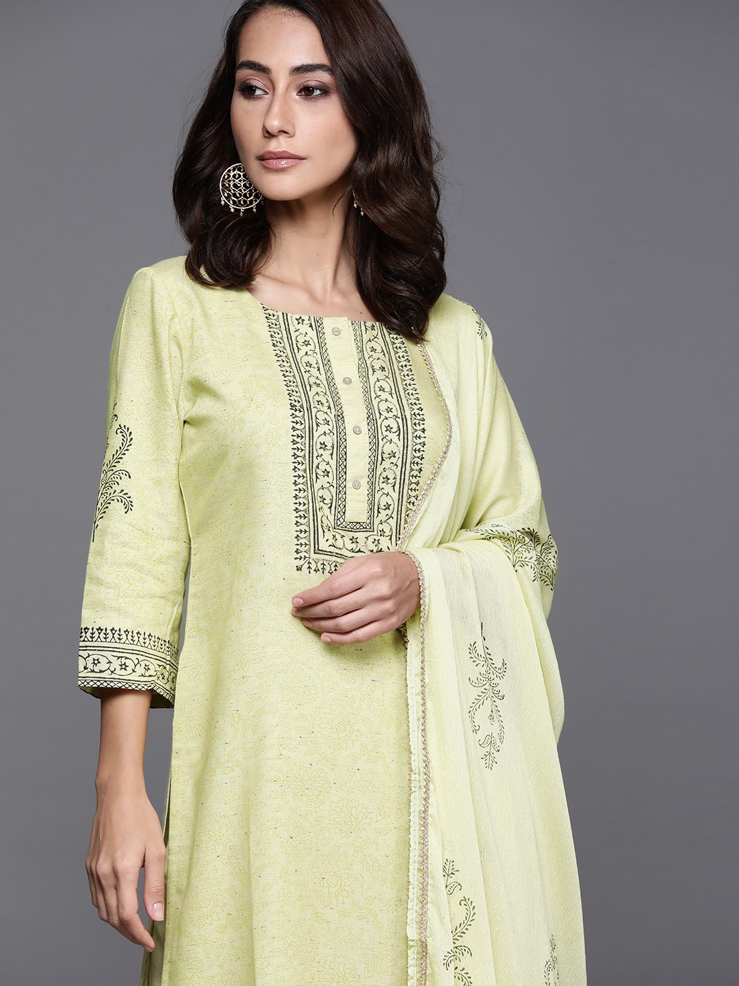 

Libas Women Lime Green Ethnic Motifs Printed Regular Kurta with Trousers & Dupatta