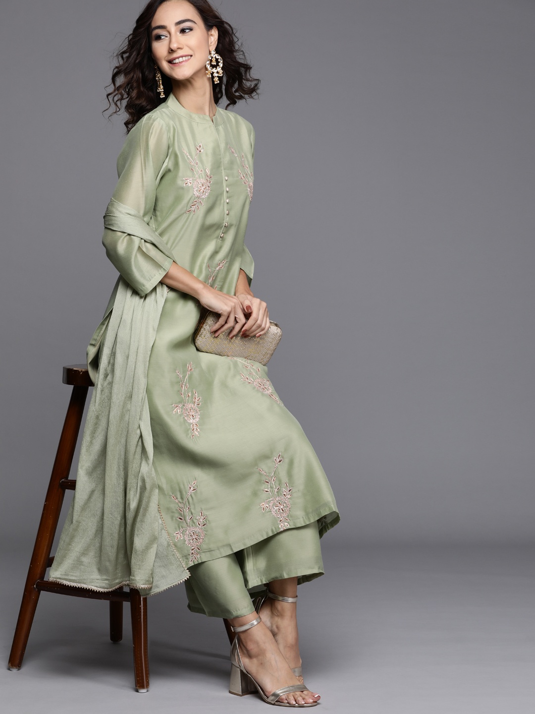 

Libas Women Green & Golden Ethnic Motifs Embroidered Kurta with Palazzos & Dupatta