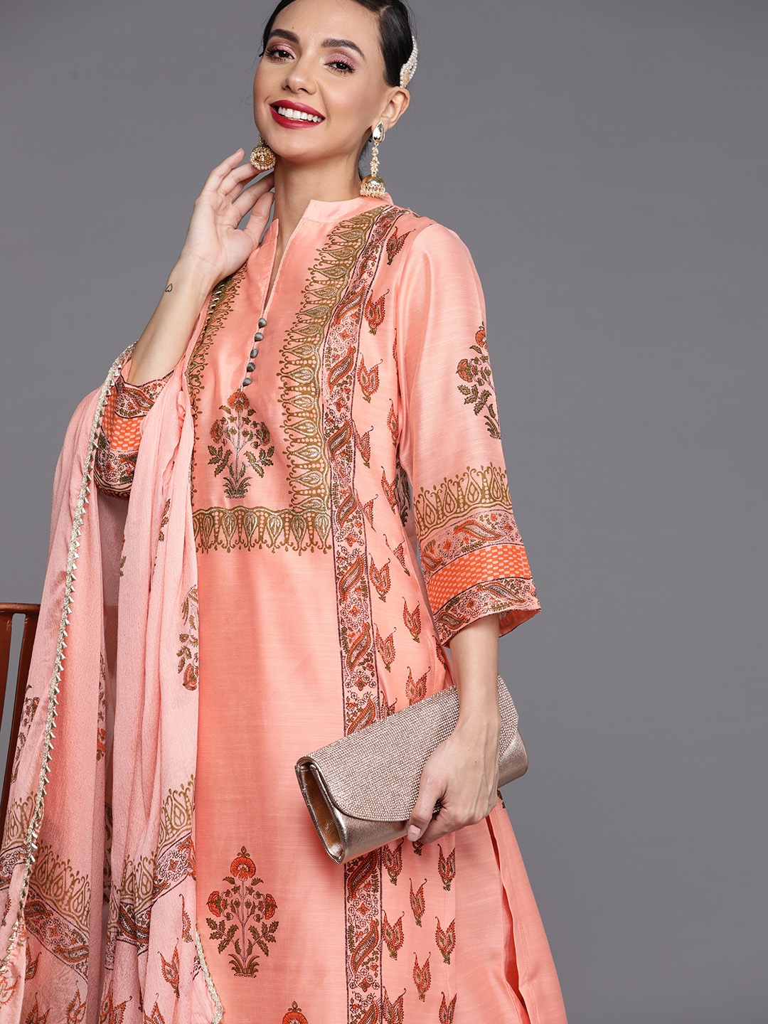 

Libas Women Peach-Coloured Chanderi Silk Printed Regular Kurta with Palazzos & Dupatta