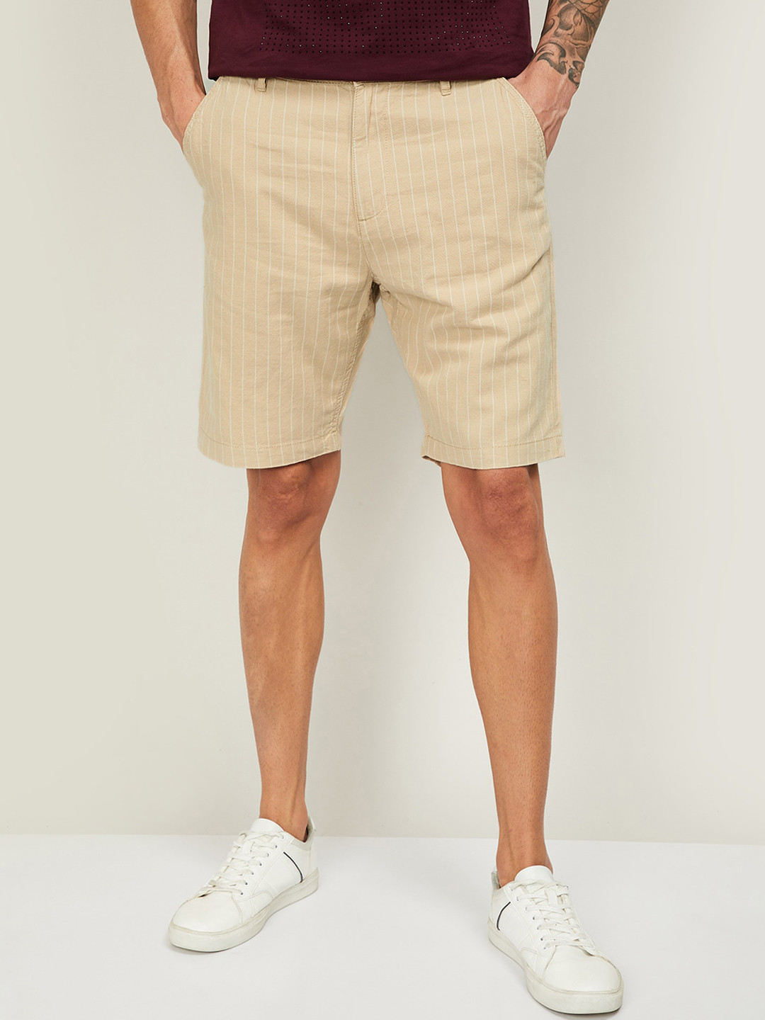 

Denimize by Fame Forever Men Beige Striped Mid-Rise Regular Shorts