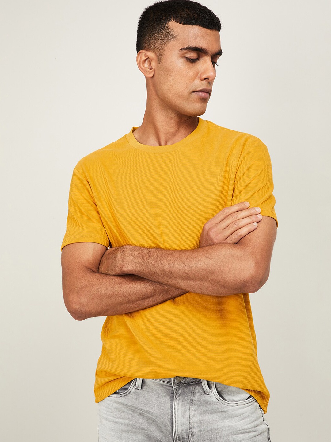 

Denimize by Fame Forever Men Mustard Striped Cotton Slim Fit T-Shirt
