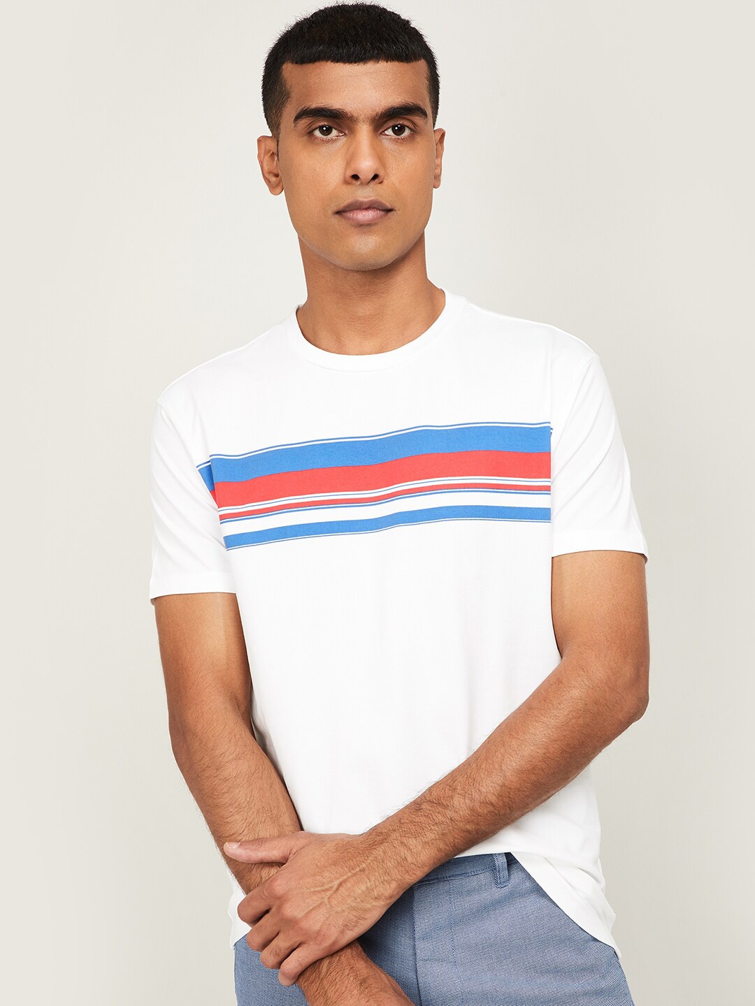 

Denimize by Fame Forever Men White & Blue Striped Cotton Slim Fit T-Shirt