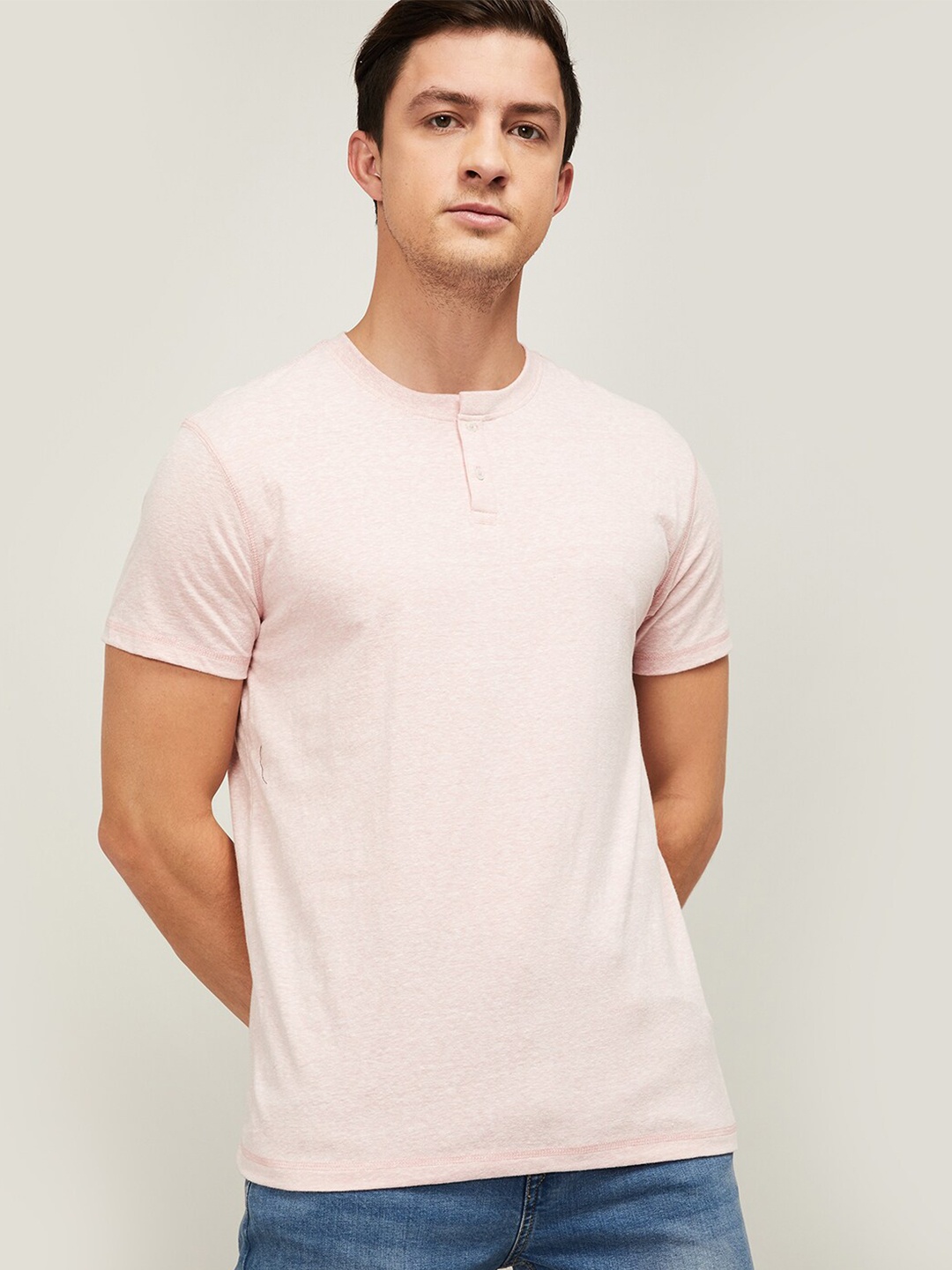 

Denimize by Fame Forever Men Pink Henley Neck Slim Fit T-shirt
