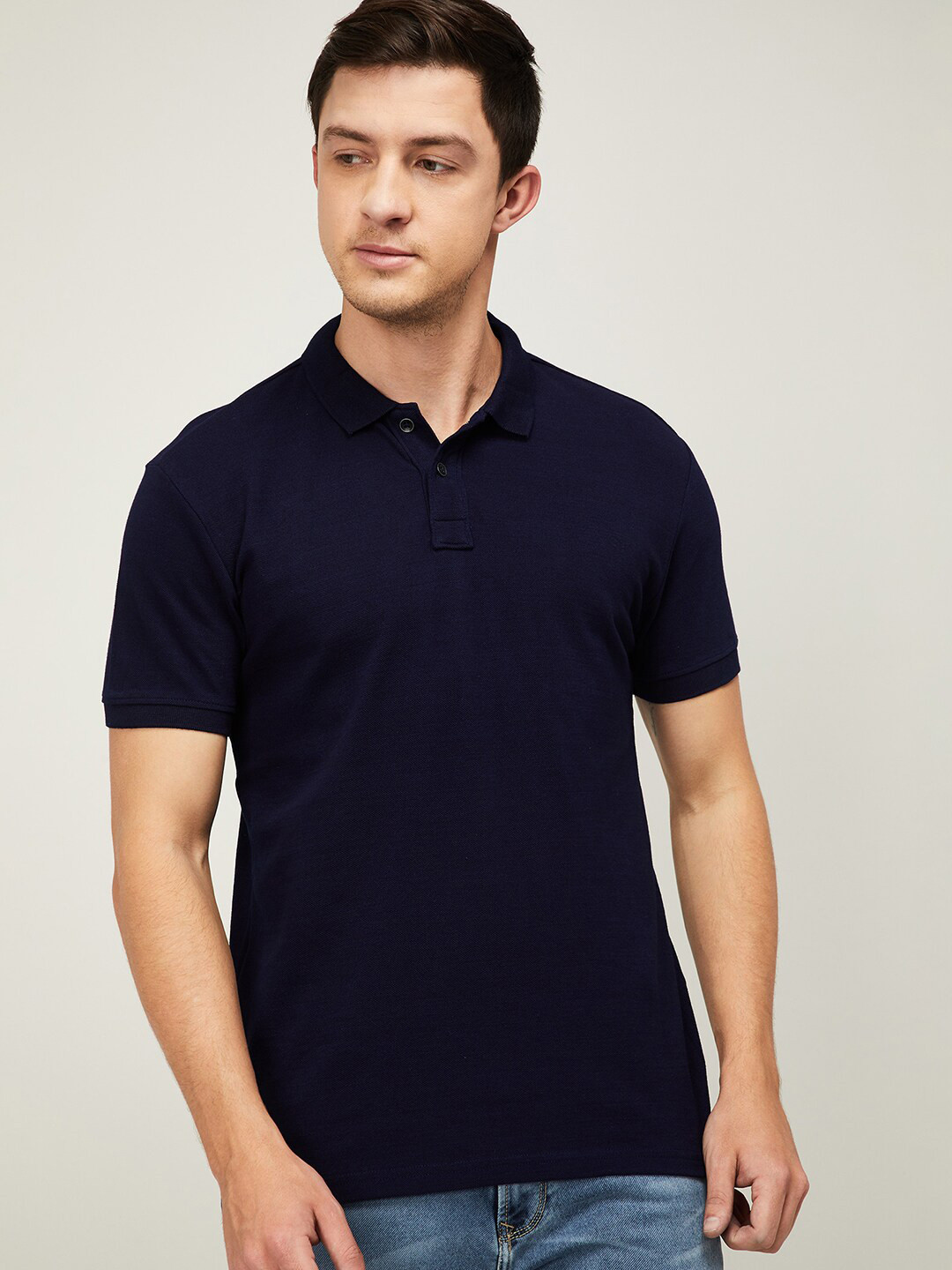 

Denimize by Fame Forever Men Navy Blue Polo Collar Slim Fit T-shirt
