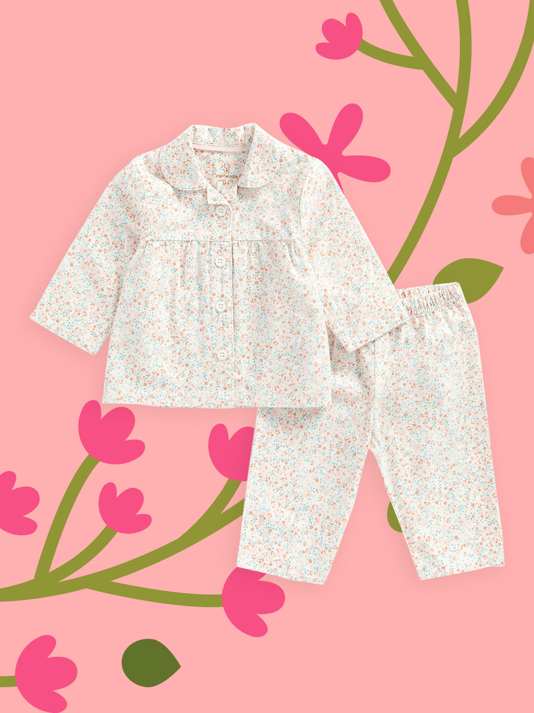 

mothercare Infant Girls White Floral Printed Pure Cotton Night suit