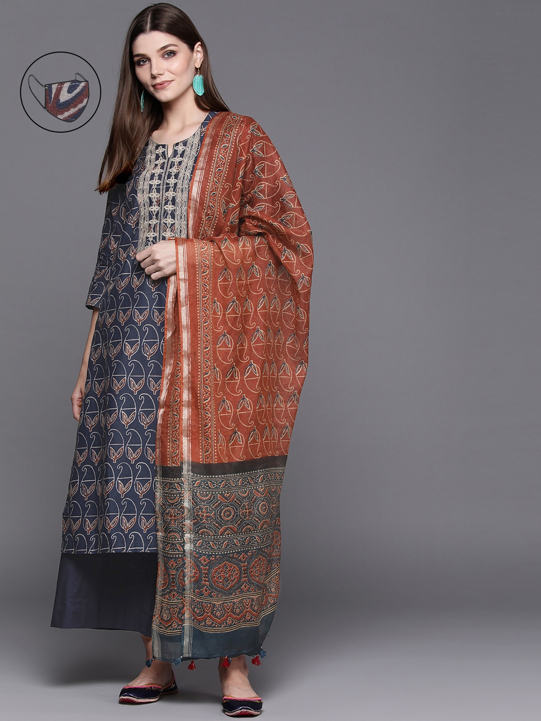 

Biba Women Navy Blue & White Paisley Print Cotton Kurta with Palazzos & Dupatta with Mask