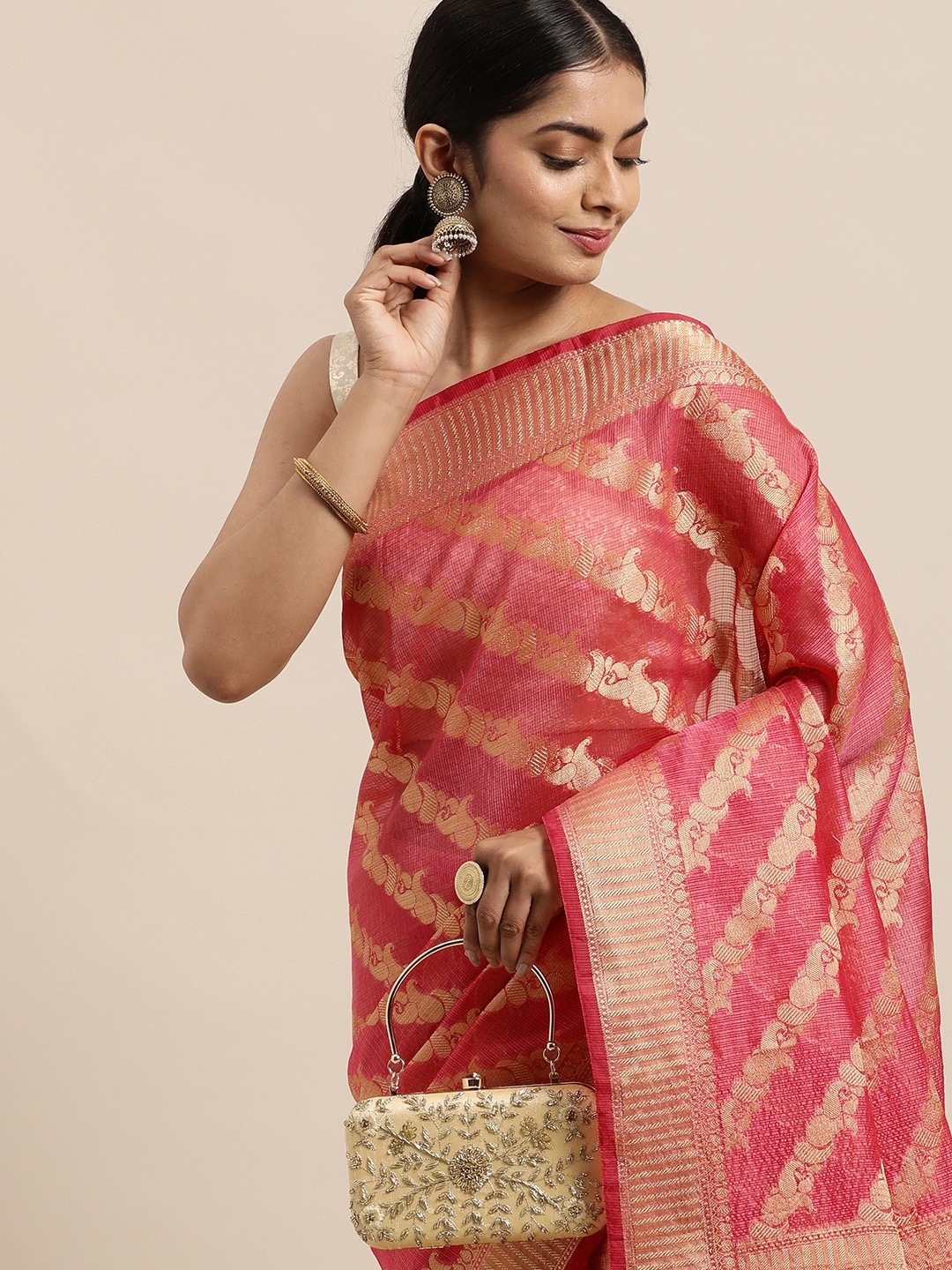 

Geroo Jaipur Pink Woven Design Zari Silk Cotton Kota Saree