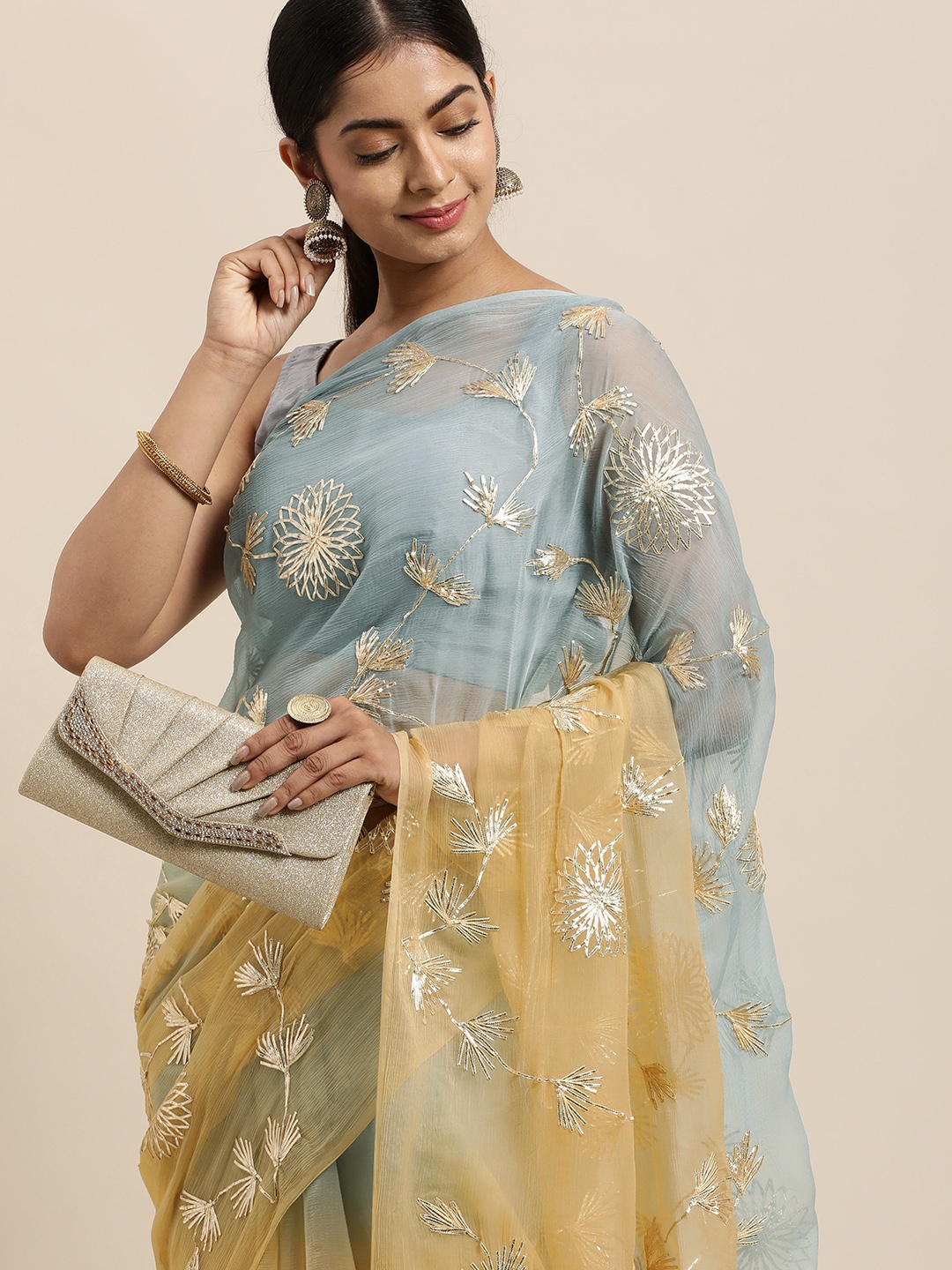 

Geroo Jaipur Shaded Handcrafted Gota Patti Chiffon Saree, Grey