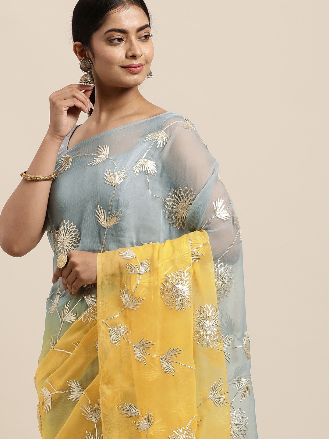 

Geroo Jaipur Grey & Yellow Floral Embroidered Pure Chiffon Saree