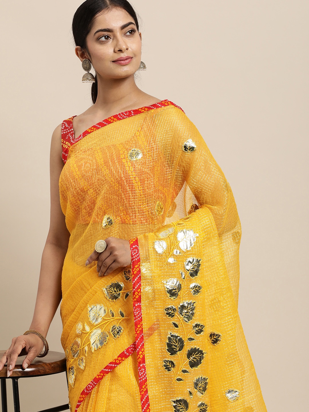 

Geroo Jaipur Yellow Woven Design Zari Silk Cotton Kota Saree