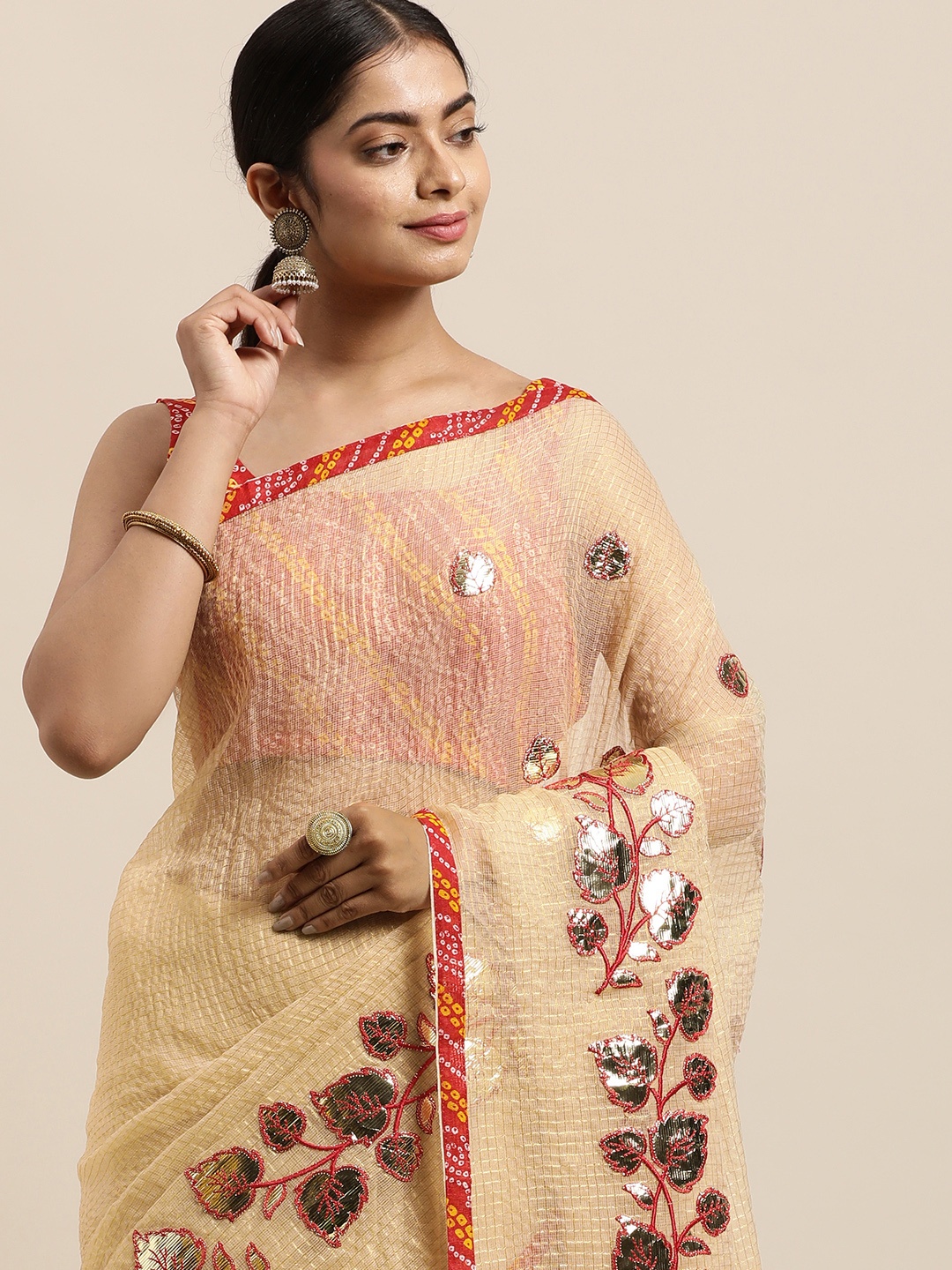 

Geroo Jaipur Beige Woven Design Zari Silk Cotton Kota Saree