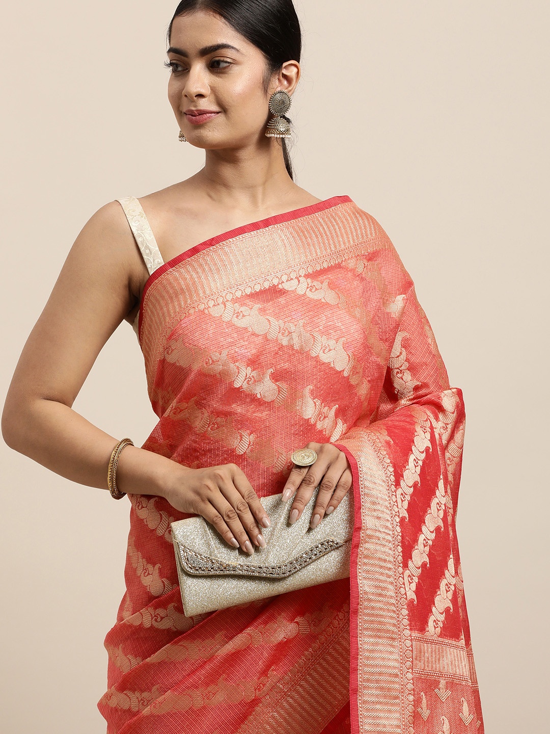 

Geroo Jaipur Peach-Coloured Woven Design Zari Silk Cotton Kota Saree
