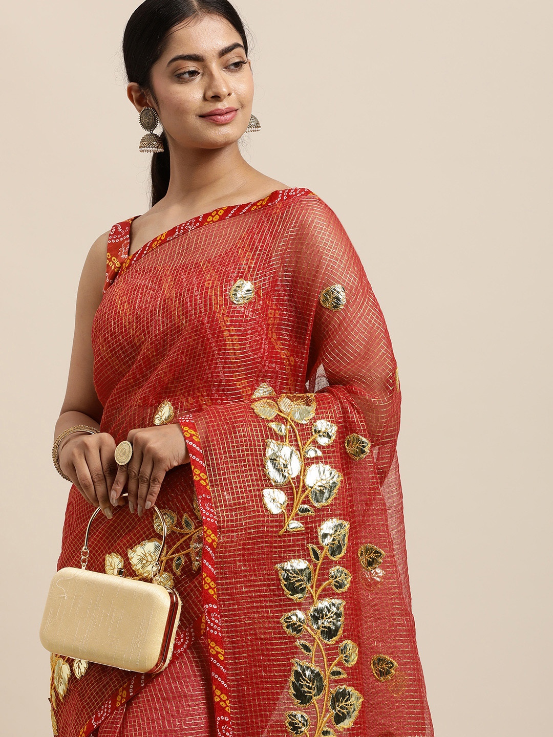 

Geroo Jaipur Red Woven Design Zari Silk Cotton Kota Saree