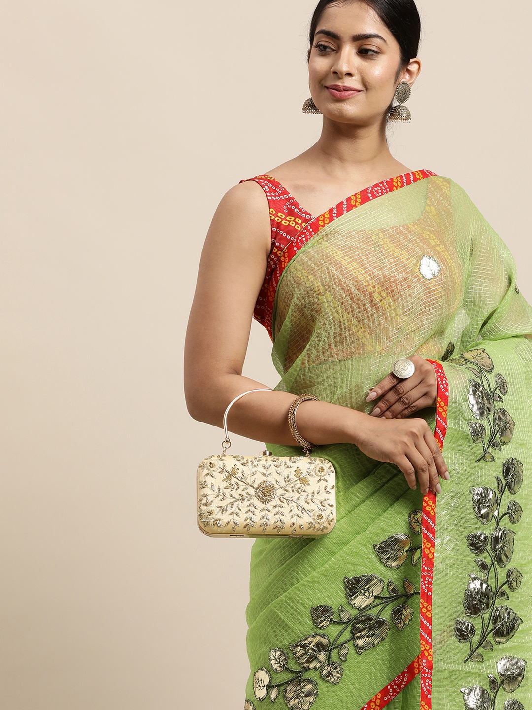 

Geroo Jaipur Green Woven Design Zari Silk Cotton Kota Saree