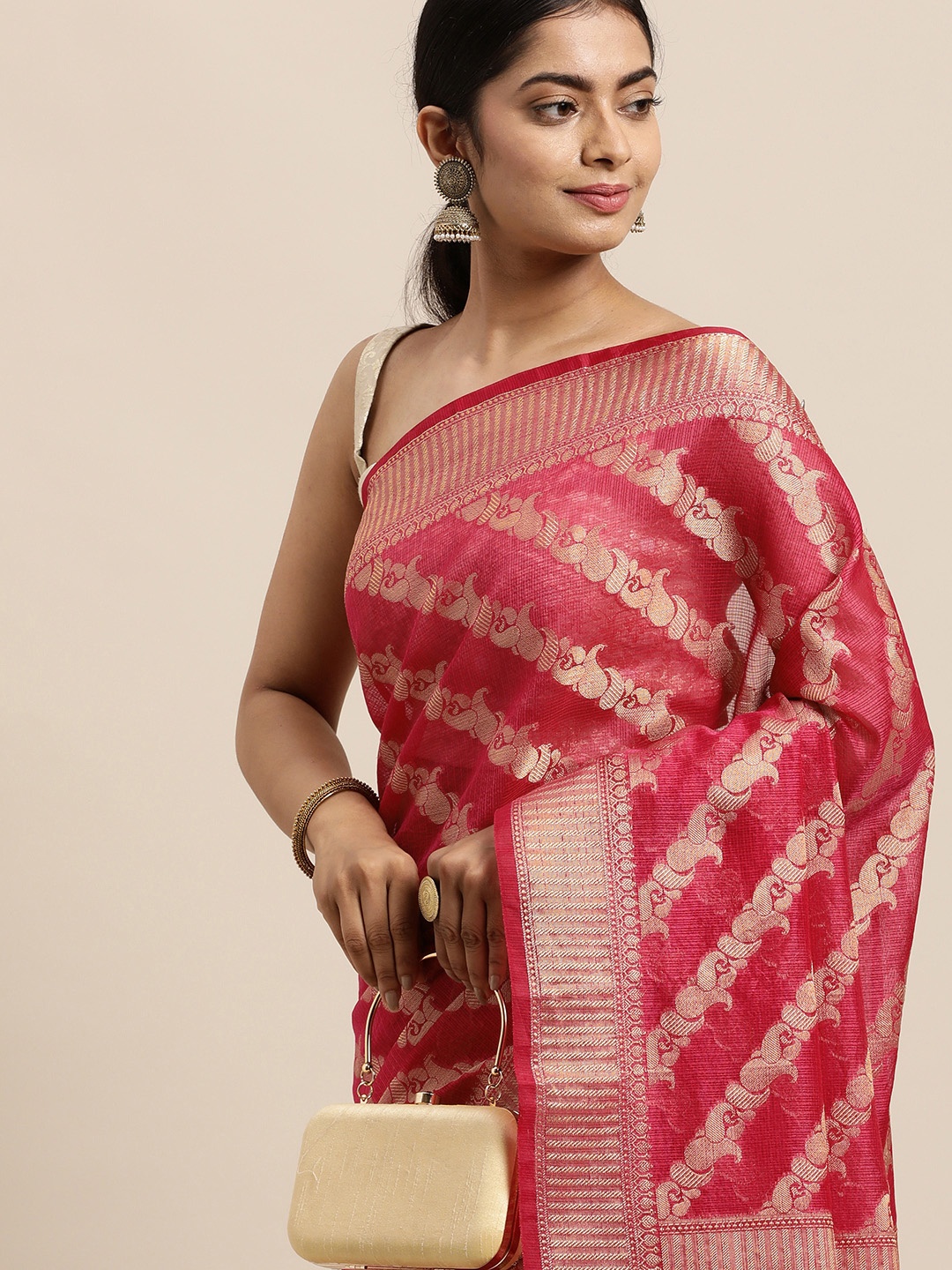 

Geroo Jaipur Magenta & Pink Woven Design Zari Silk Cotton Kota Saree