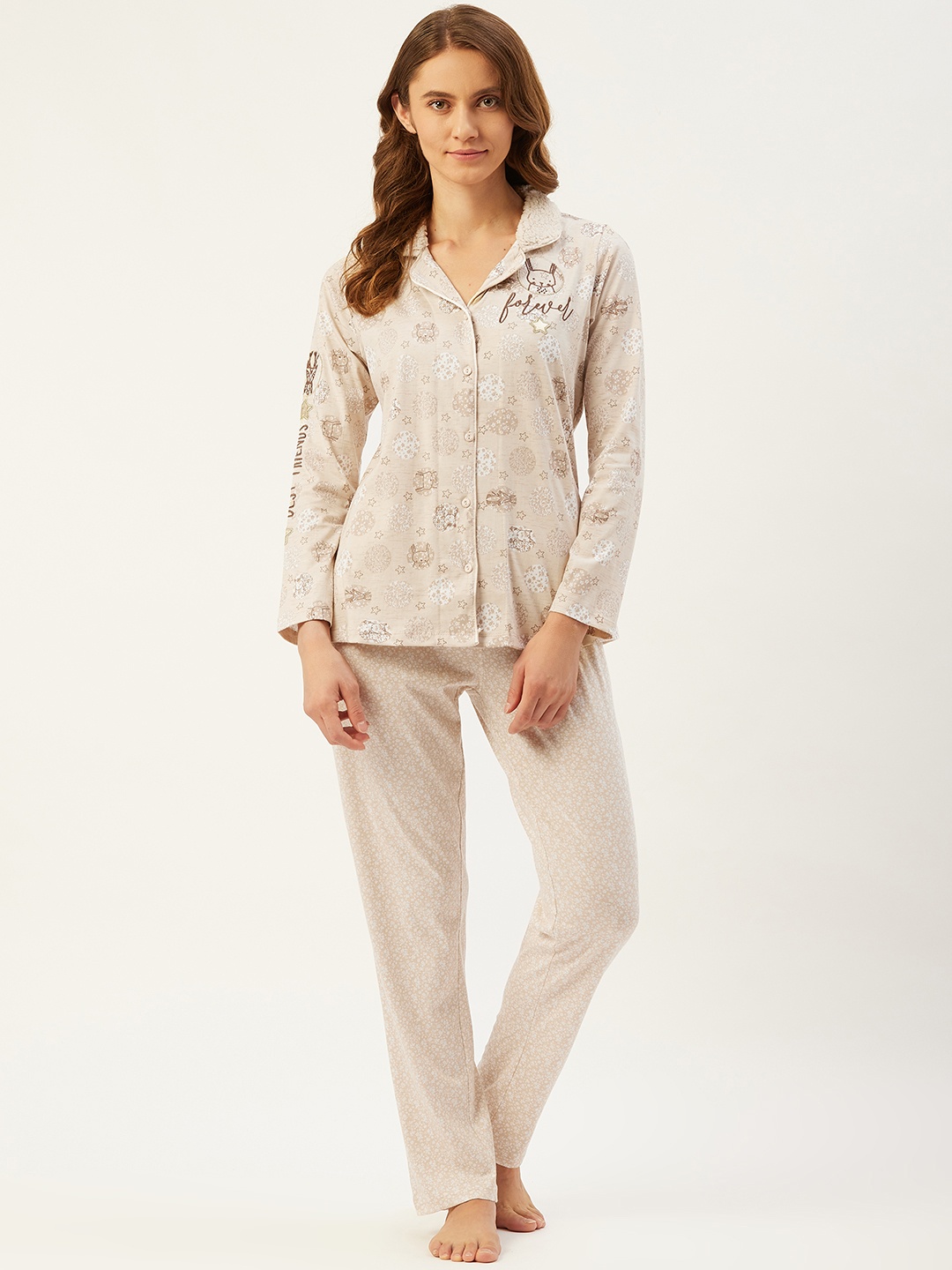 

Sweet Dreams Women Beige & White Printed Pure Cotton Night suit