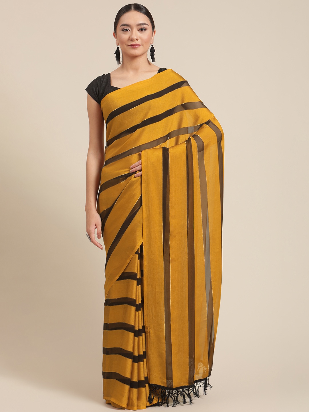 

OM SAI LATEST CREATION Yellow & Black Striped Pure Georgette Saree