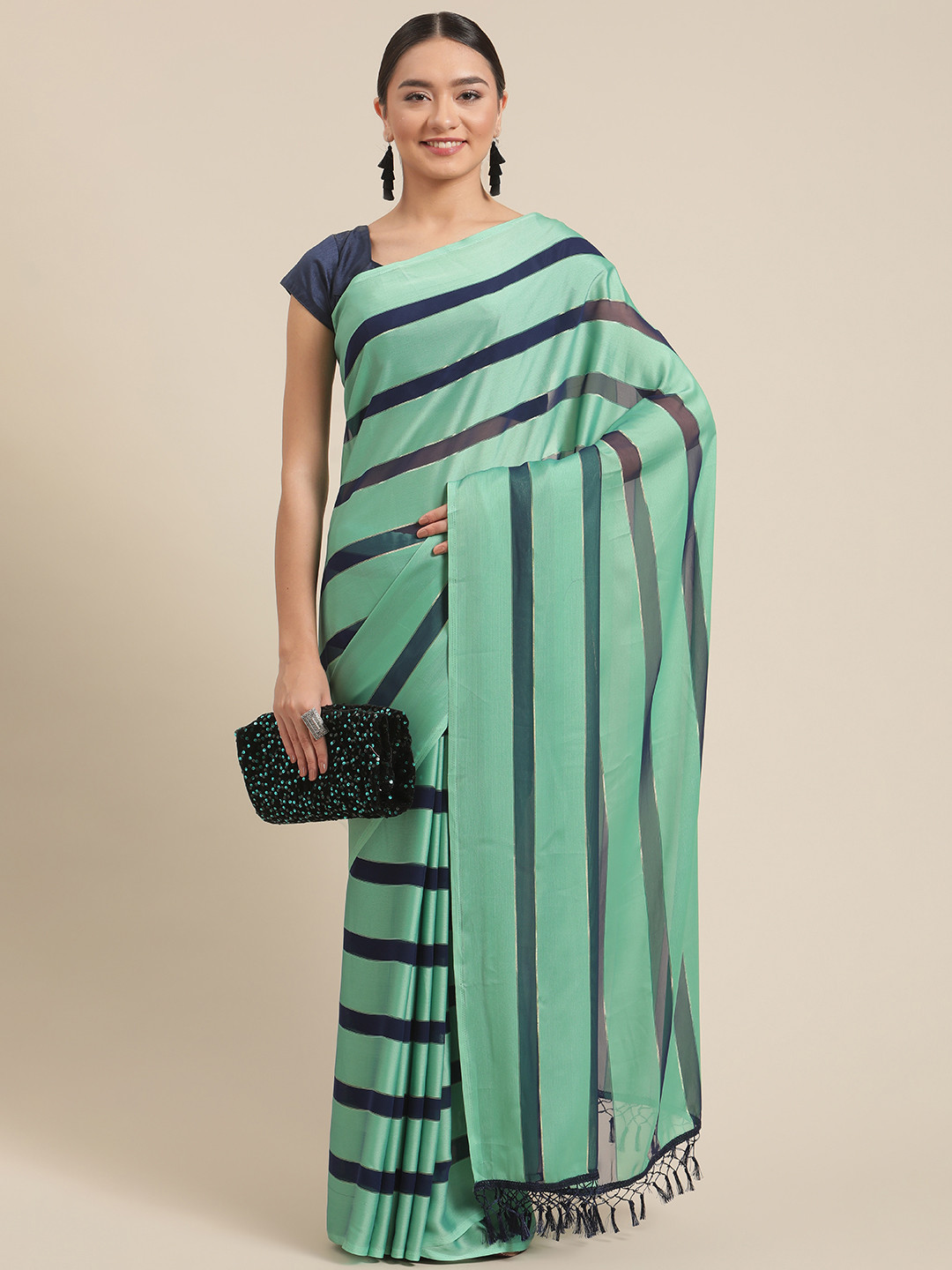 

OM SAI LATEST CREATION Green Striped Pure Georgette Banarasi Saree