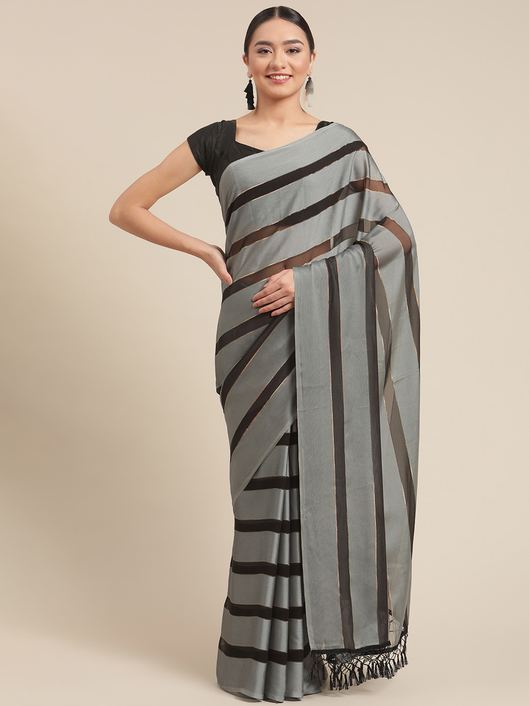 

OM SAI LATEST CREATION Grey Striped Pure Georgette Banarasi Saree