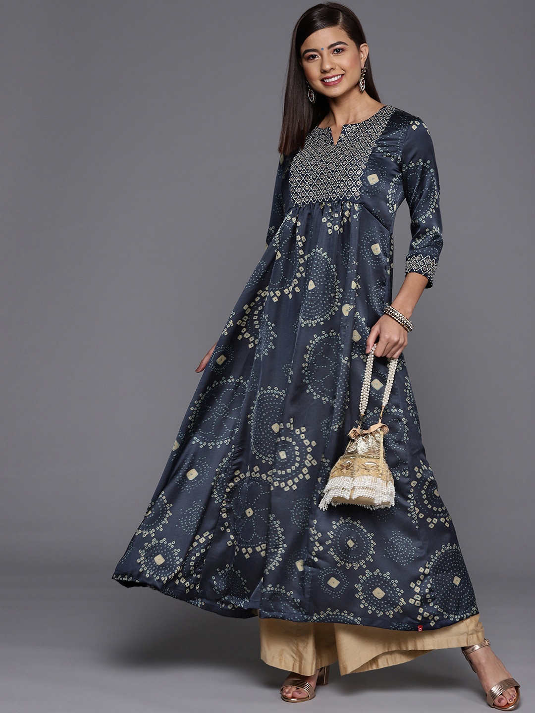 

Biba Women Navy Blue & Beige Ethnic Motifs Printed Kurta