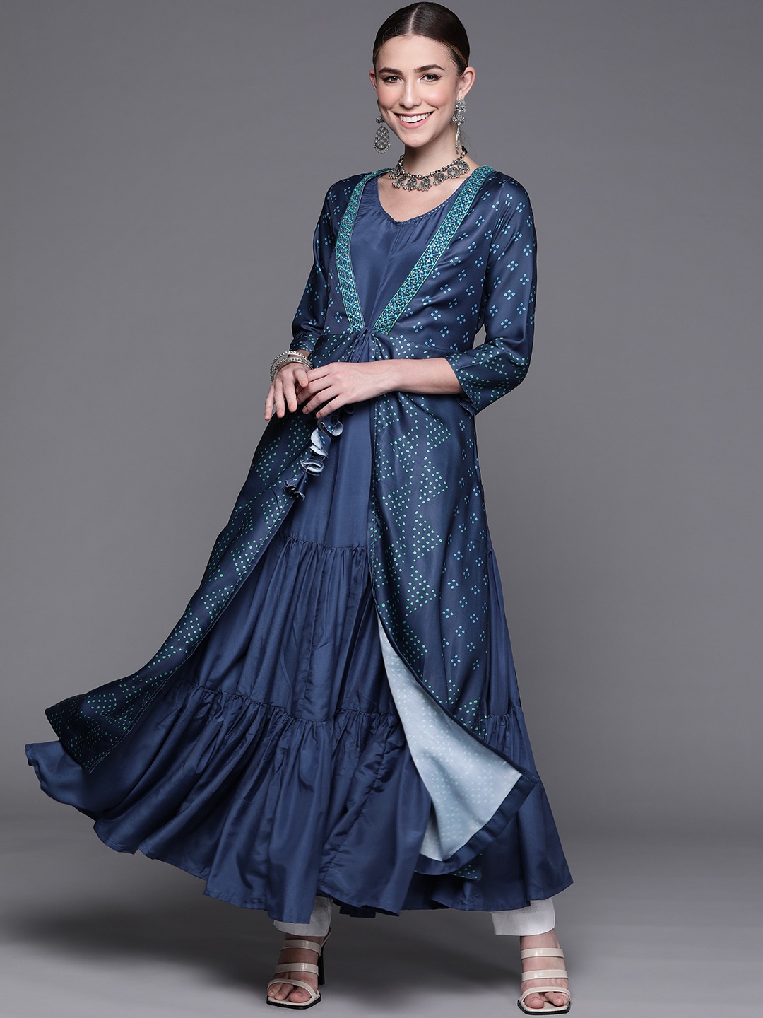 

Biba Women Navy Blue & Green Bandhani Printed Anarkali Kurta with Ethnic Layer