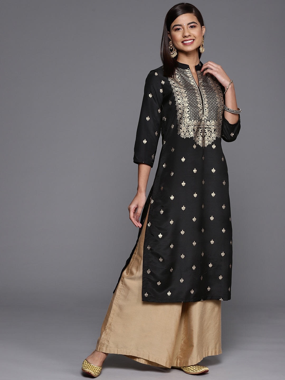 

Biba Women Black & Beige Ethnic Motifs Printed Thread Work Kurta