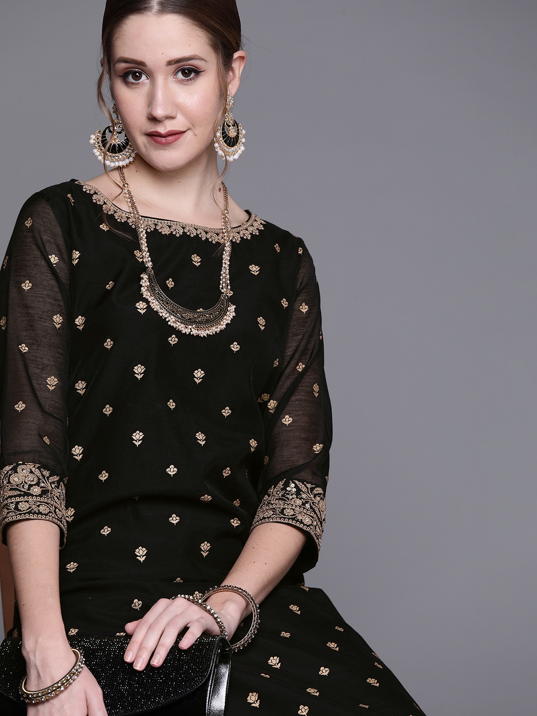 

Biba Women Black & Golden Ethnic Motifs Print Thread Work Kurta