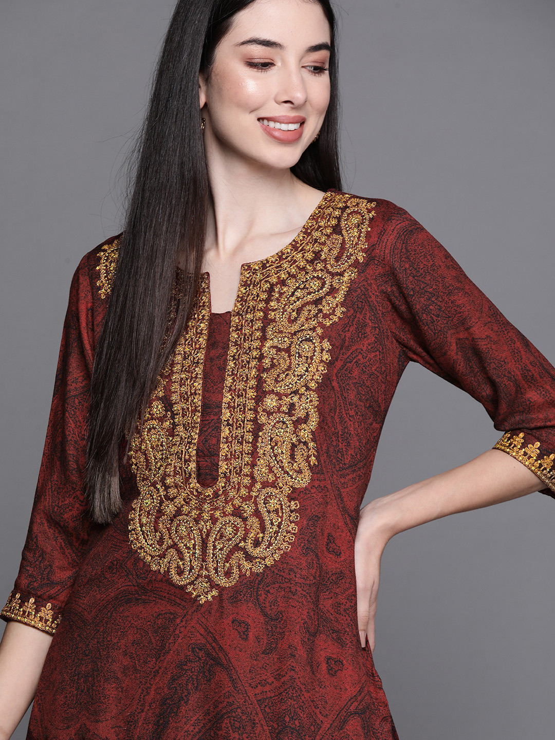 

Biba Women Maroon & Golden Ethnic Motifs Printed Thread Work Straight Kurta