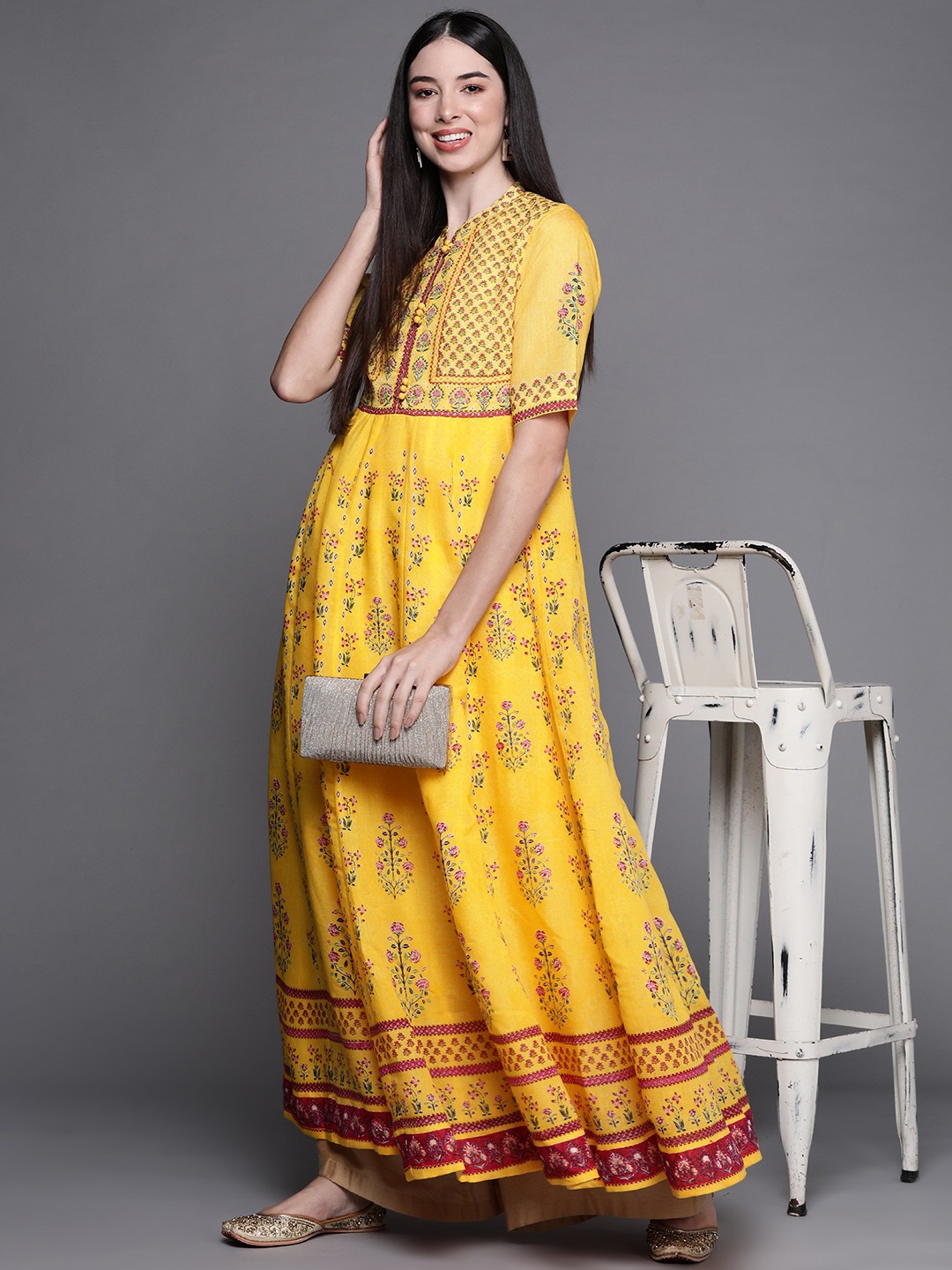 

Biba Women Yellow & Pink Ethnic Motifs Printed Panneled Anarkali Kurta