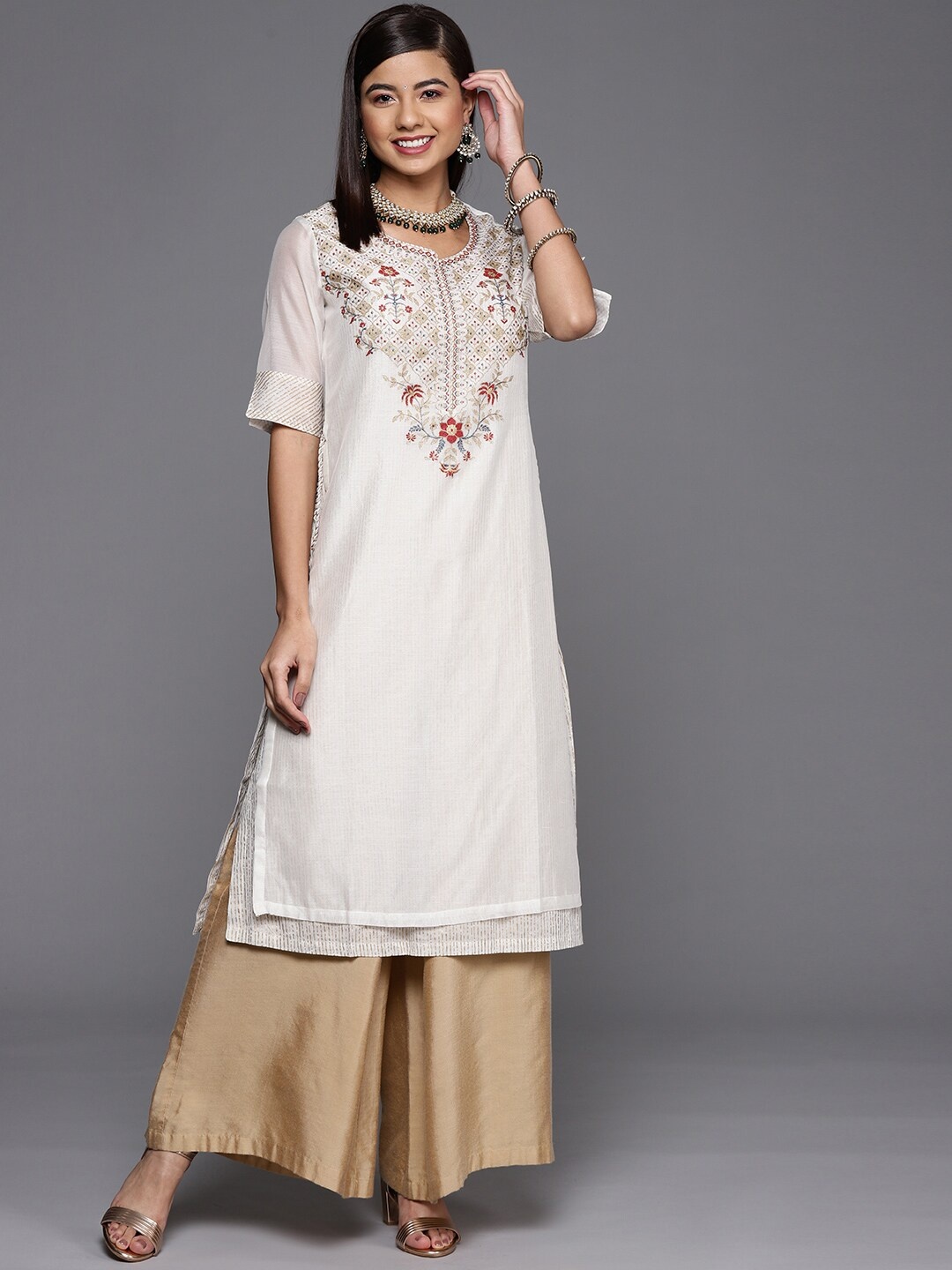 

Biba Women Off White Floral Yoke Design Kurta with Mask