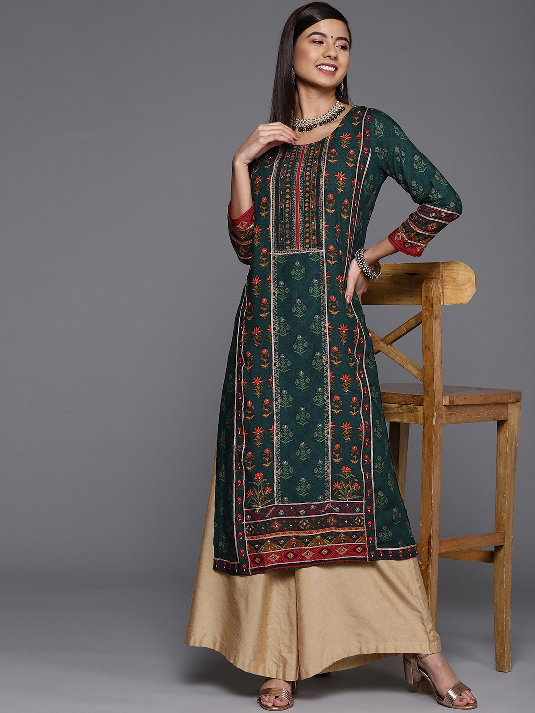 

Biba Women Teal Green & Orange Ethnic Motifs Printed Kurta & Mask
